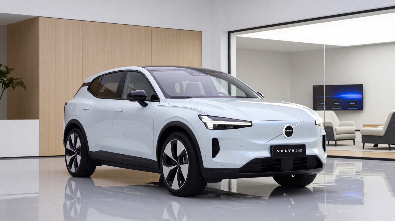 Carro elétrico Volvo EX30 branco numa sala moderna com chão brilhante e paredes claras.