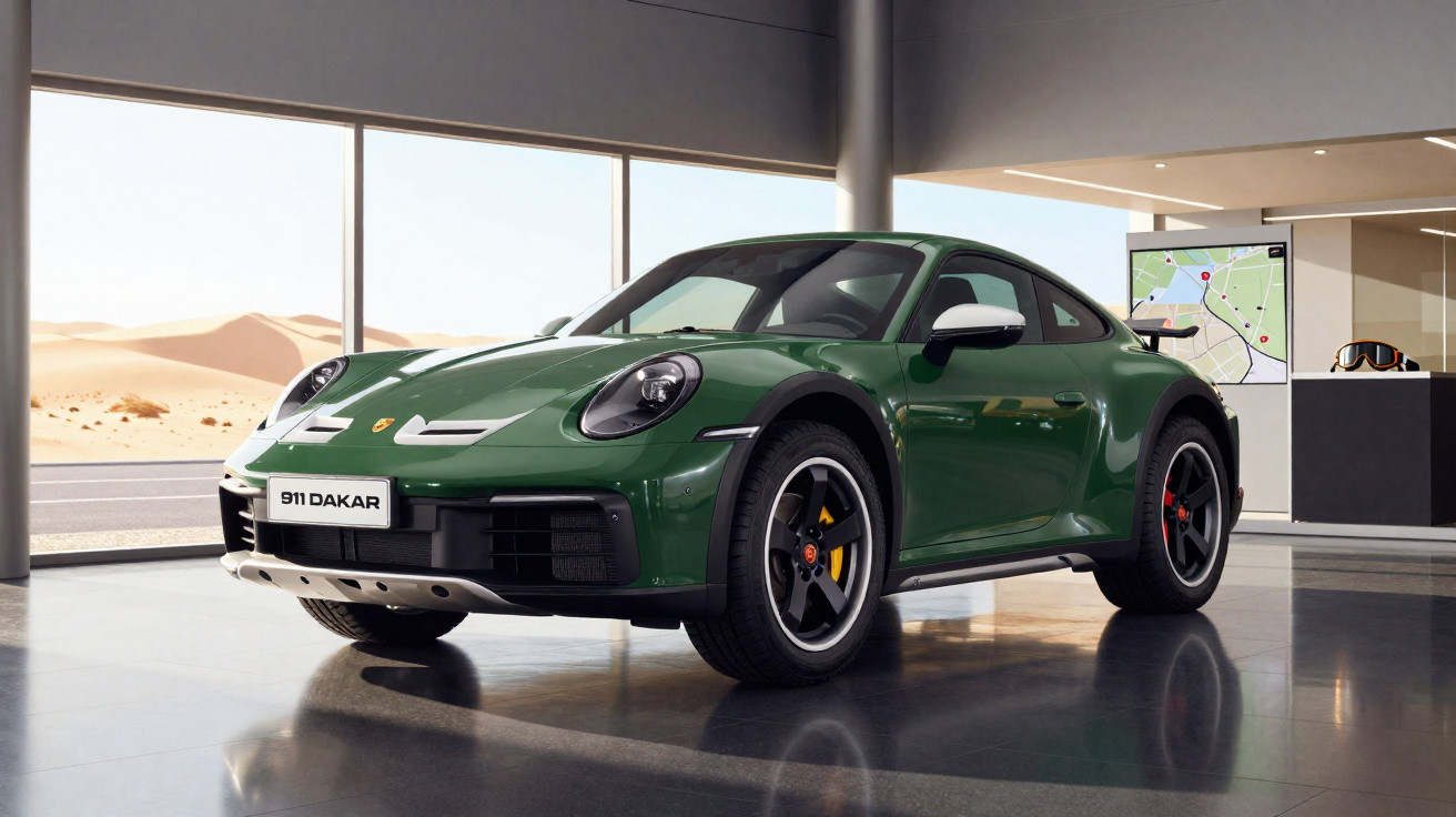 Carro verde Porsche 911 Dakar estacionado em showroom com vista para deserto através de janelas grandes.