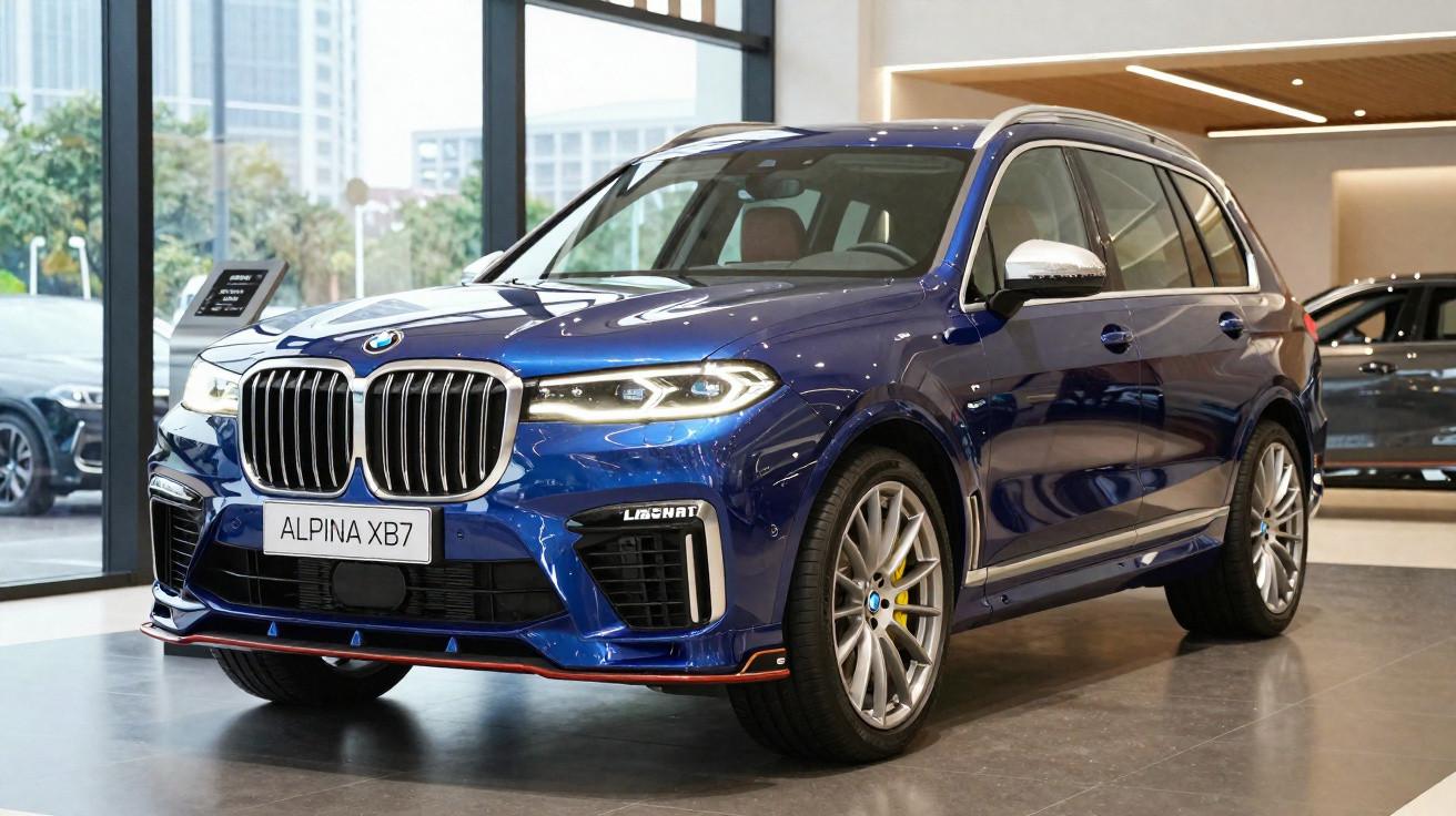 Carro SUV BMW Alpina XB7 azul em exposição numa sala com piso de cimento polido.
