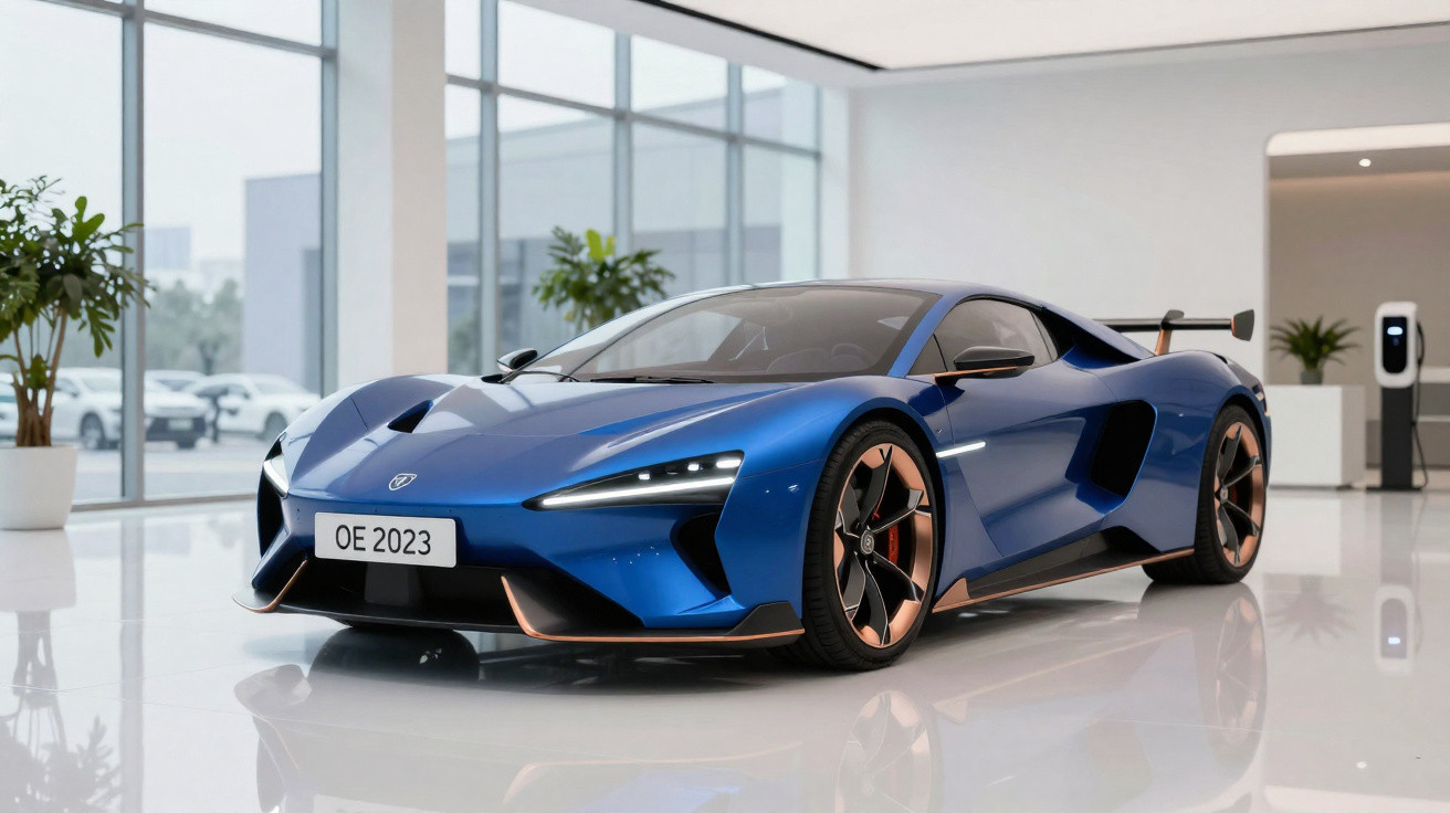 Automóvel desportivo azul metálico com detalhes cobre em interior moderno e luminoso.