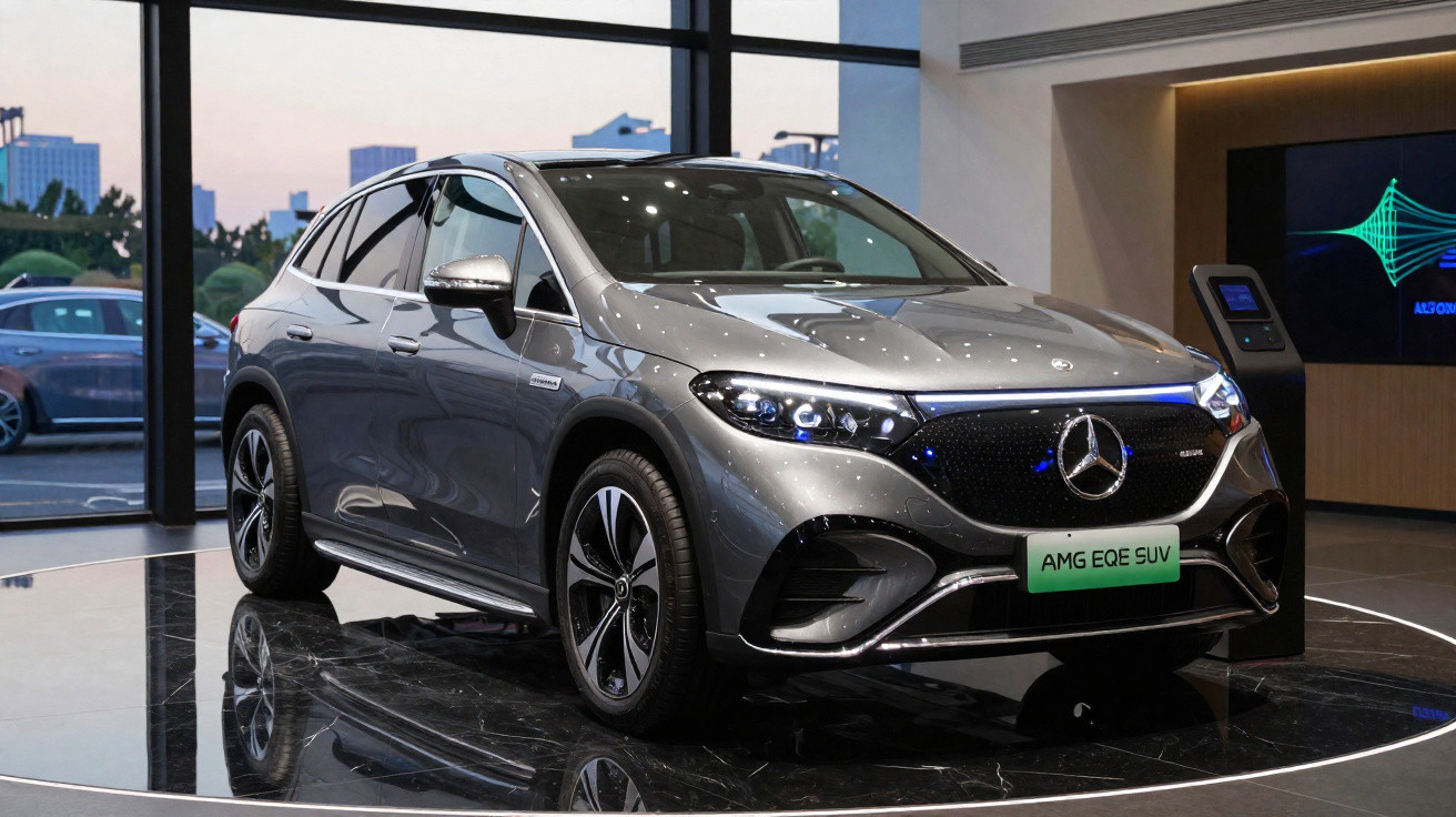 Mercedes AMG EQE SUV cinzento exposto numa sala moderna com grandes janelas de vidro.