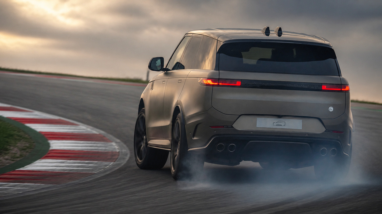 SUV cinzento a fazer uma derrapagem num circuito de corrida ao entardecer.