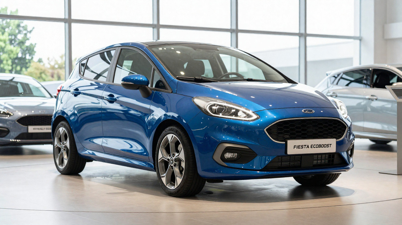 Carro azul Ford Fiesta EcoBoost exposto numa sala de showroom moderna e iluminada.