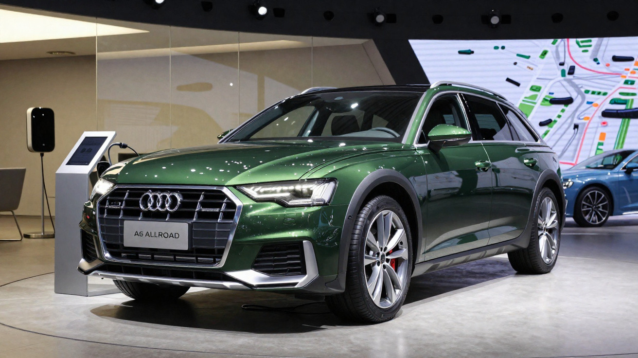 Carro verde Audi A6 Allroad em exposição numa sala moderna com ecrã digital ao fundo.