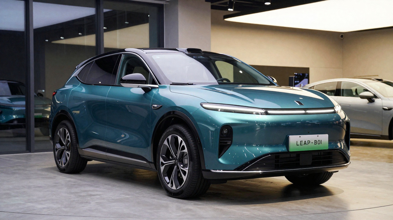 Carro elétrico SUV azul-esverdeado LEAP-BO1 estacionado em salão moderno com iluminação artificial.