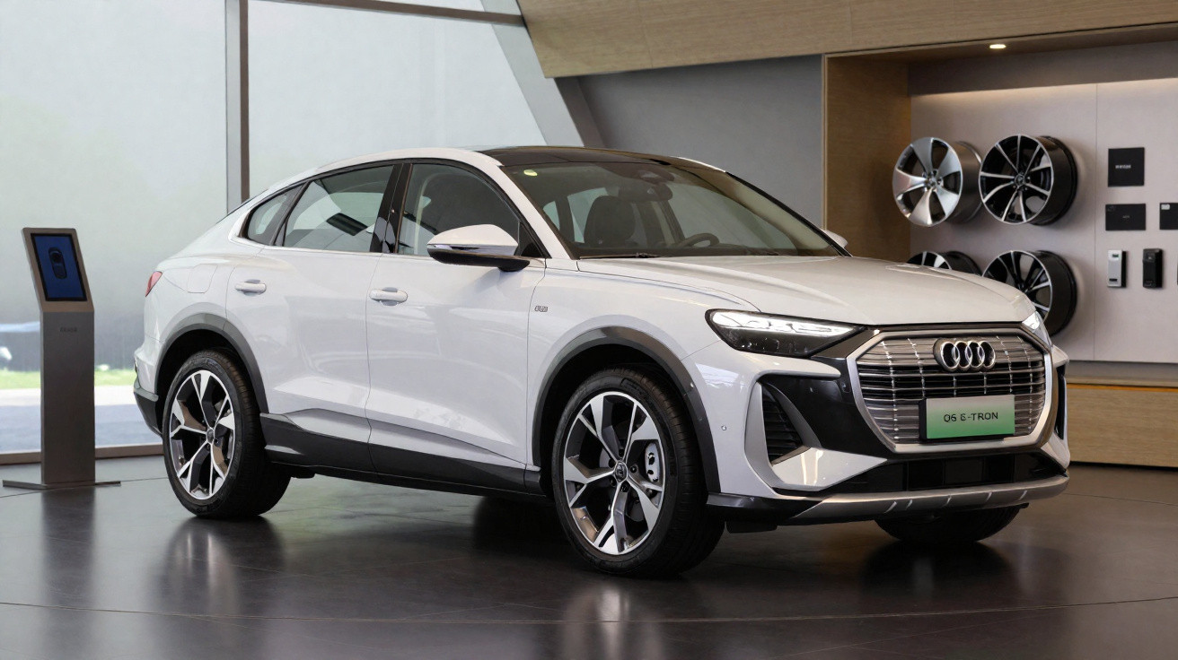 Carro elétrico Audi Q5 e-tron branco, modelo SUV, exposto em showroom moderno com rodas e acessórios na parede.