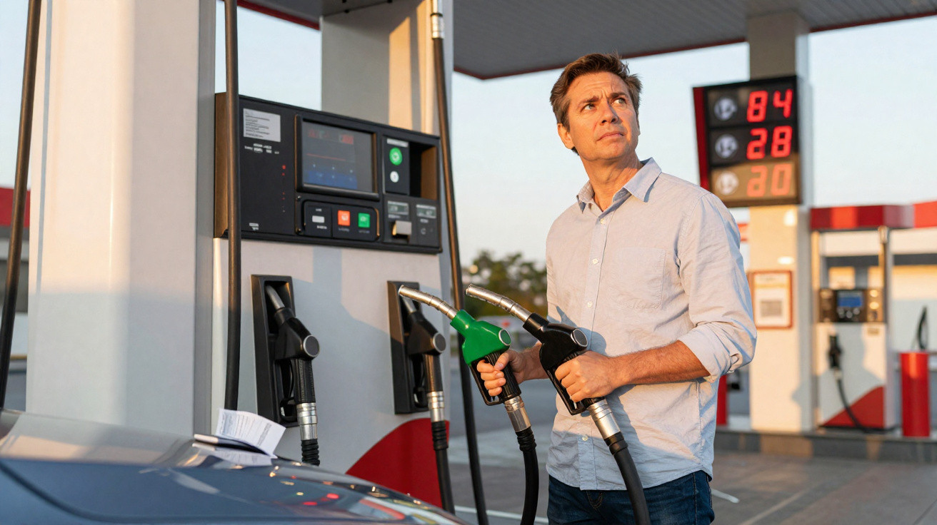 Homem em posto de combustível segurando dois bicos de gasolina, olhando para o lado pensativo.