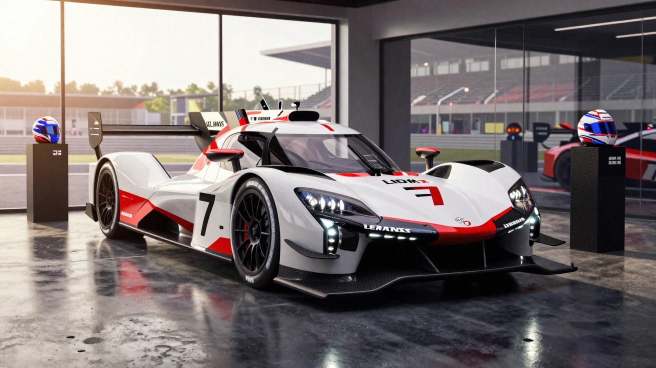 Carro de corrida branco, vermelho e preto com número 7 numa garagem iluminada, capacetes ao lado.