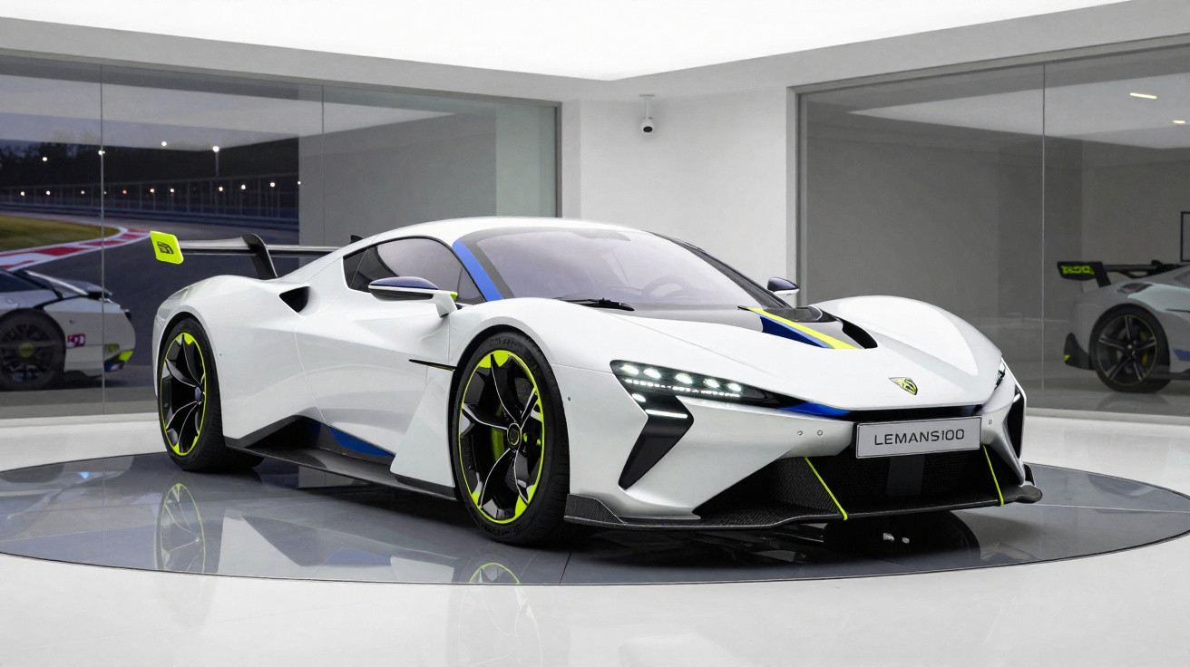 Carro desportivo branco com detalhes azuis e amarelos exposto em carruagem com vidro e reflexos.