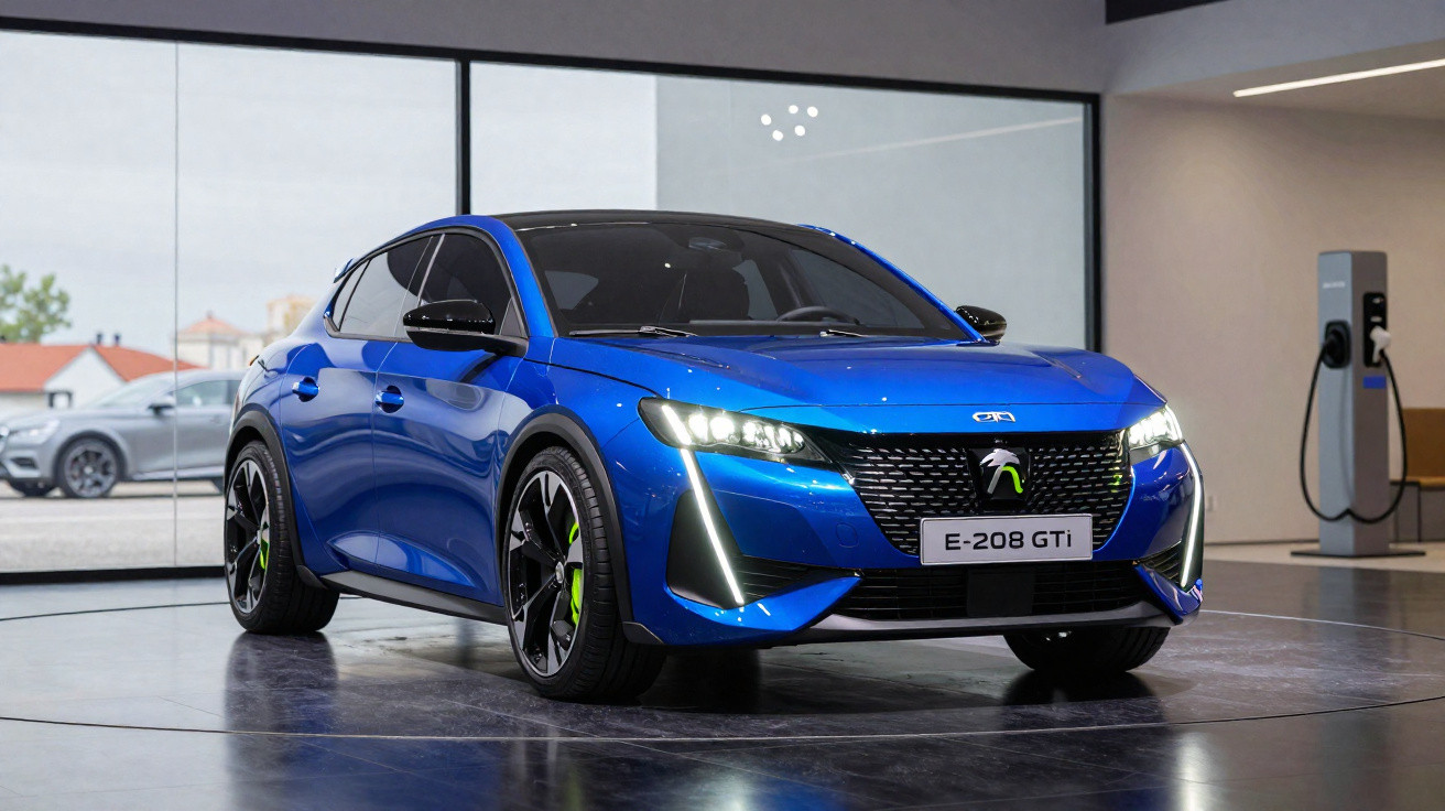 Carro elétrico azul Peugeot E-208 GTi estacionado em sala moderna com carregador elétrico ao fundo.