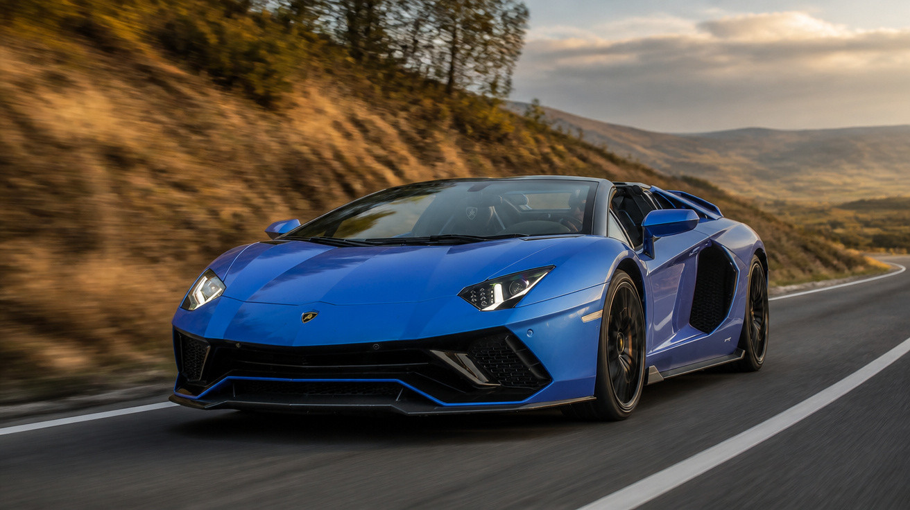 Carro desportivo azul, Lamborghini, a circular numa estrada sinuosa em paisagem rural ao entardecer.