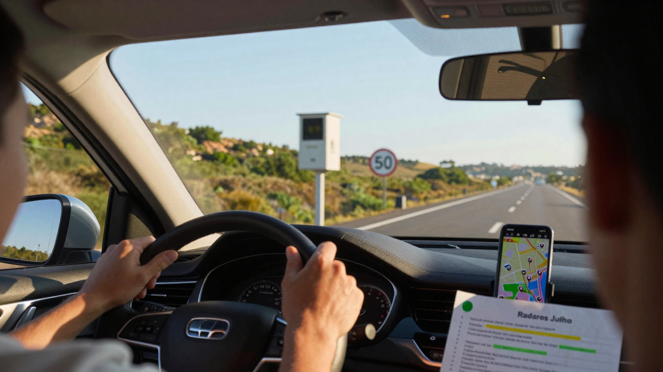 Vista interior de carro com motorista a segurar volante, leitor de radar e telemóvel com mapa na estrada.