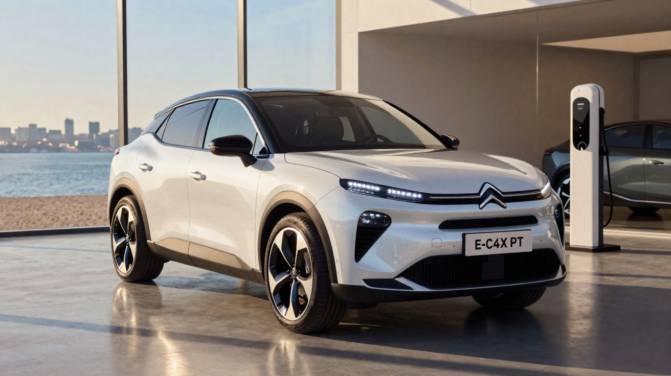 Carro elétrico Citroën E-C4X branco estacionado junto a uma estação de carregamento interno.
