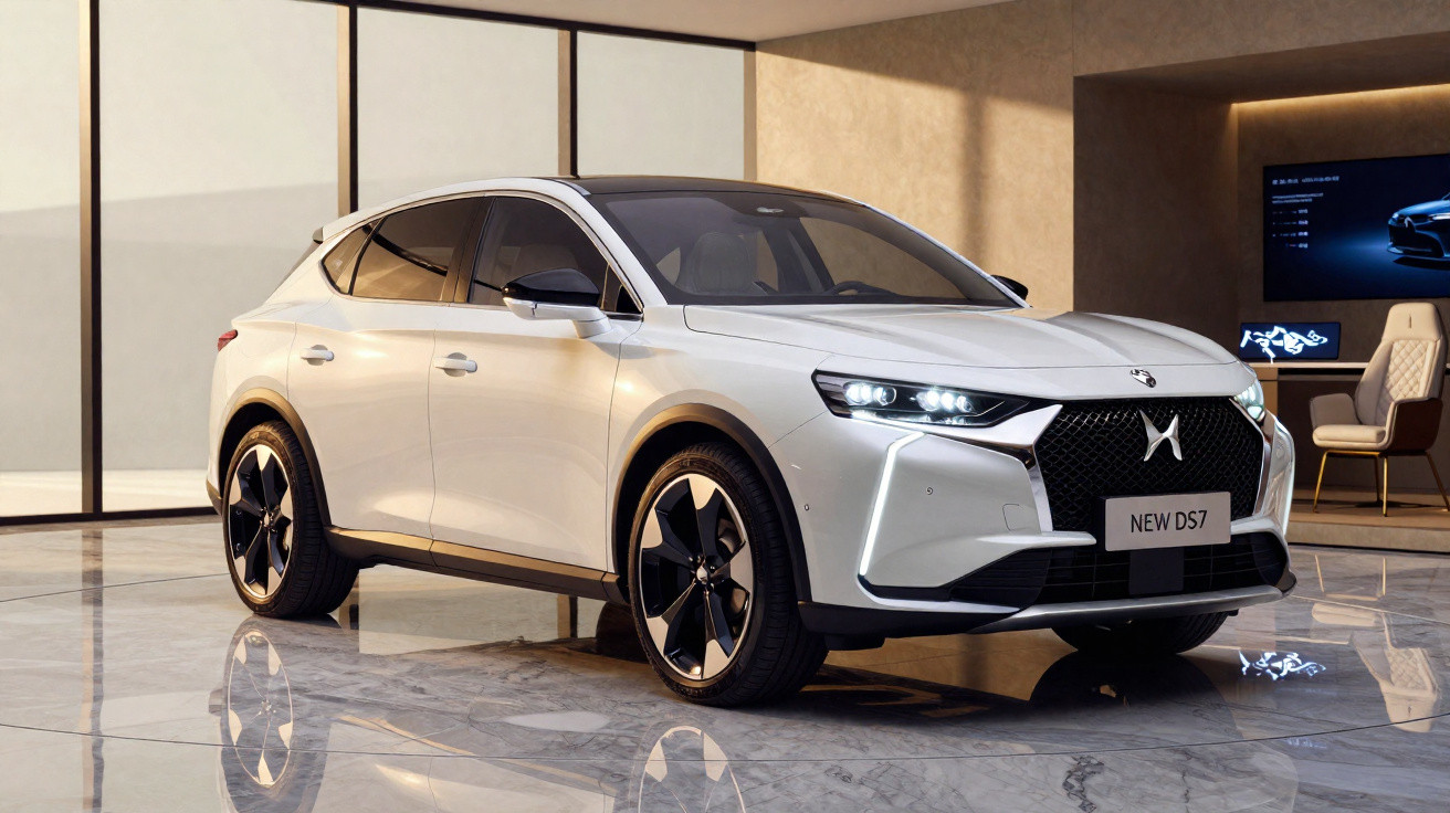 Carro DS7 novo branco estacionado em ambiente moderno e iluminado, com janelas grandes ao fundo.