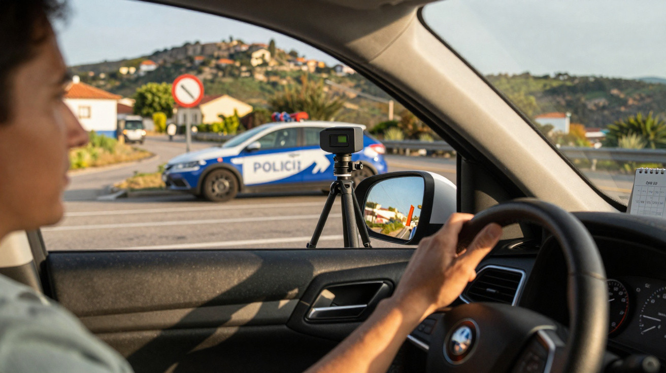 Motorista num carro parado próximo a radar de velocidade na estrada com viatura da polícia ao fundo.
