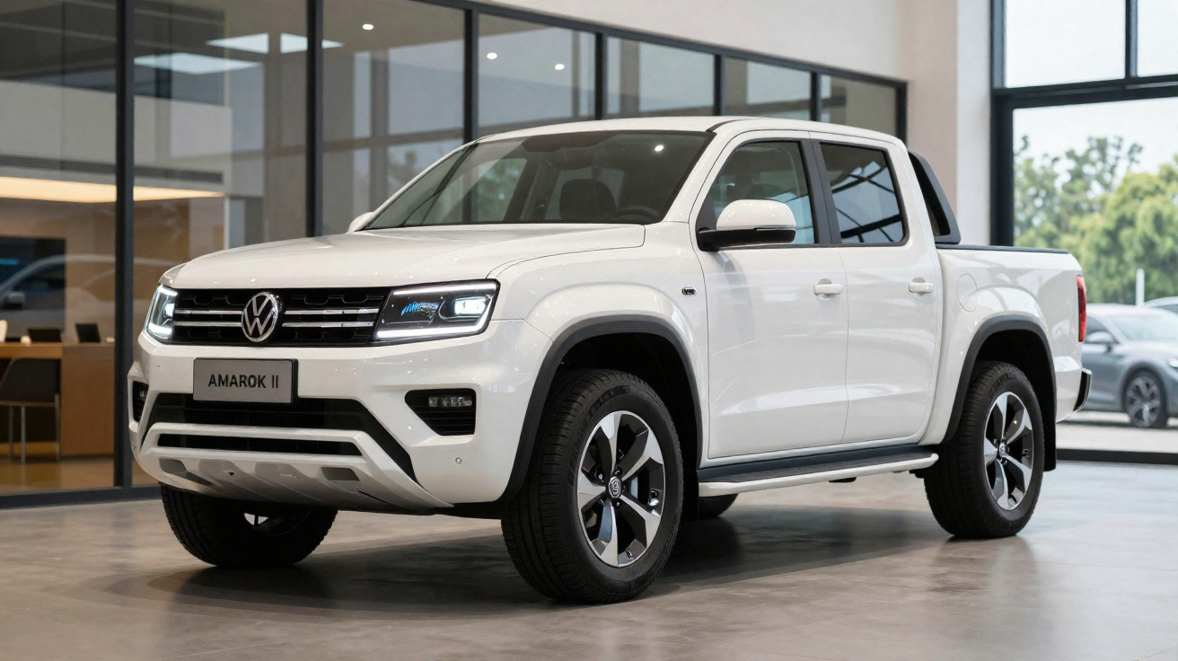Pick-up Volkswagen Amarok II branca estacionada num espaço interior moderno e luminoso.