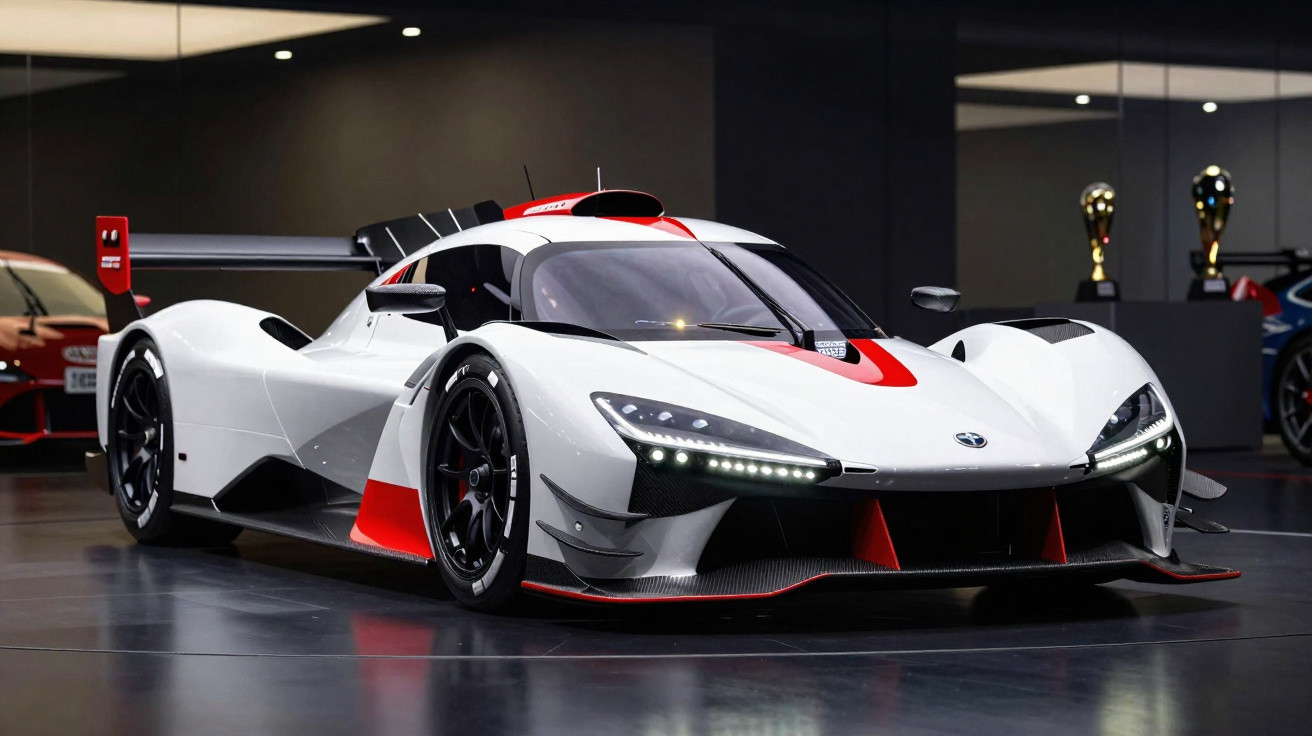 Carro desportivo branco e vermelho com design aerodinâmico e faróis LED brilhantes em sala expositora.