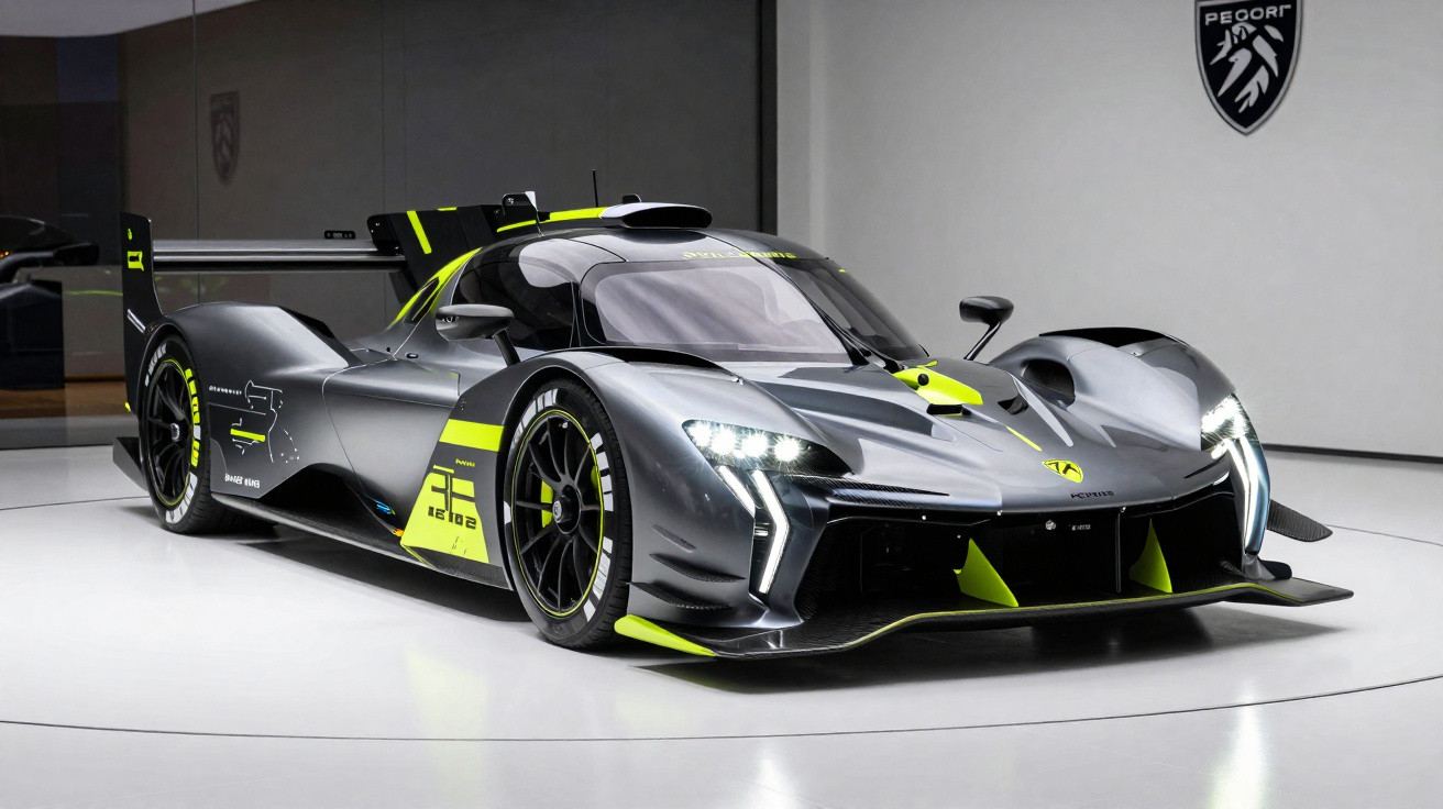 Carro desportivo futurista cinza e verde, modelo Pegorí num salão de exibição minimalista.