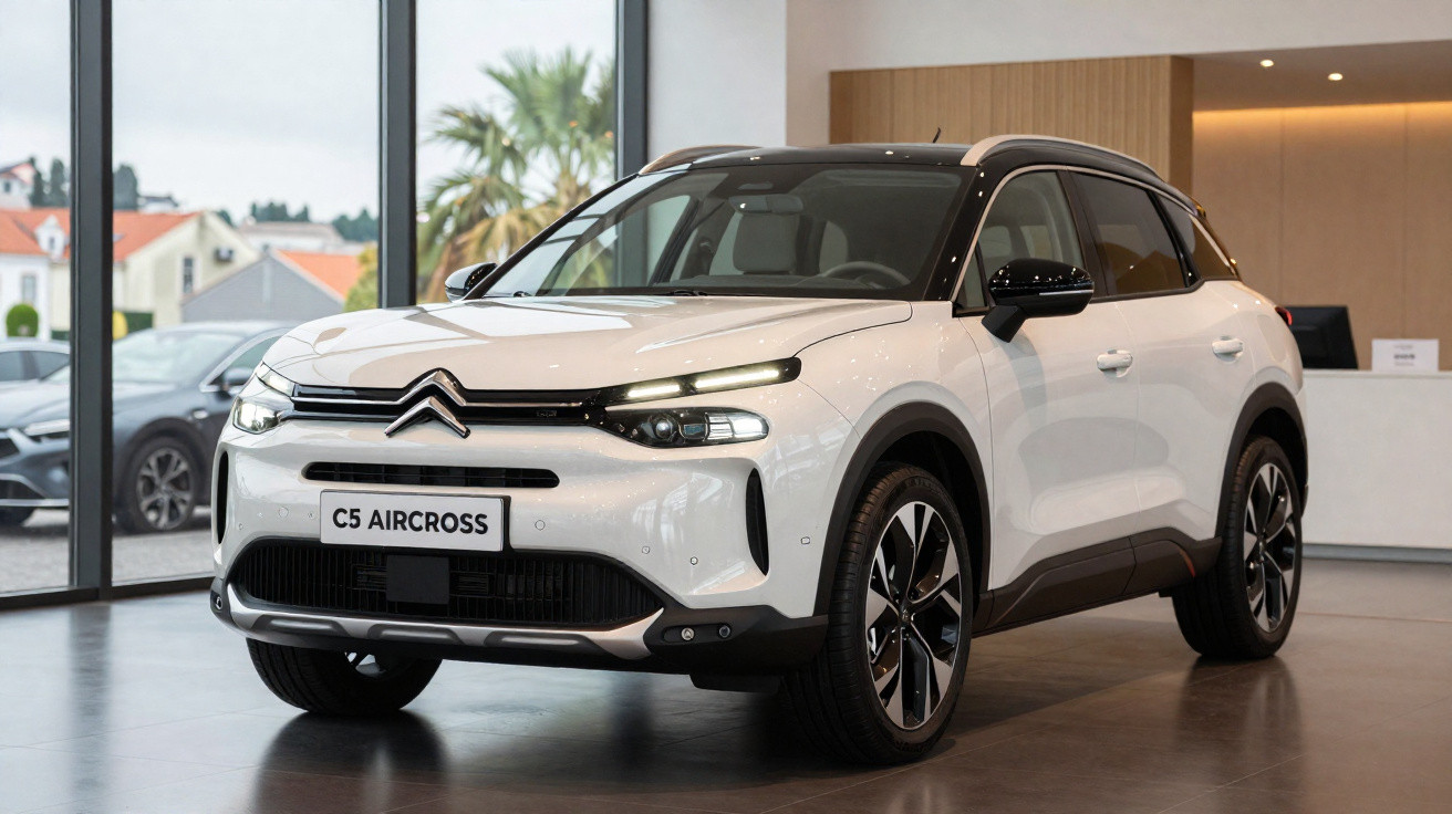 Citroën C5 Aircross branco estacionado dentro de concessionária moderna com janelas amplas.