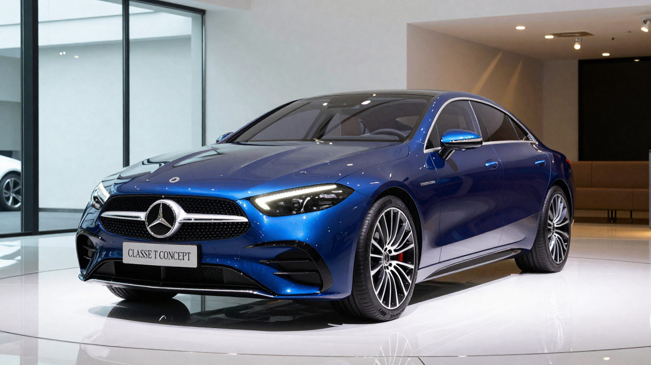 Carro desportivo Mercedes-Benz Classe T Concept azul em exposição em ambiente moderno e iluminado.