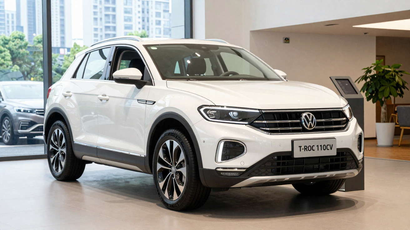 Carro Volkswagen T-Roc branco exibido numa sala de exposição moderna com janelas grandes.