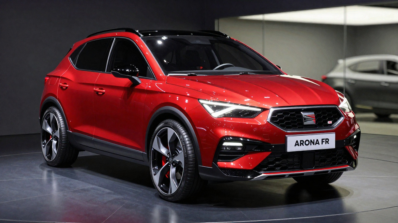 SUV vermelho Seat Arona FR estacionado em ambiente fechado, vista frontal e lateral direita.