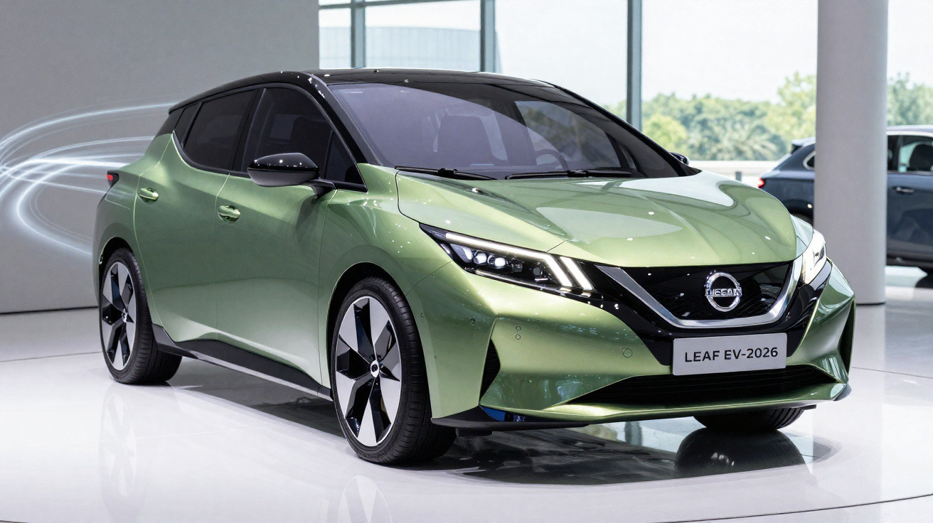 Carro elétrico Nissan Leaf EV-2026 verde metálico em exposição numa sala branca iluminada.