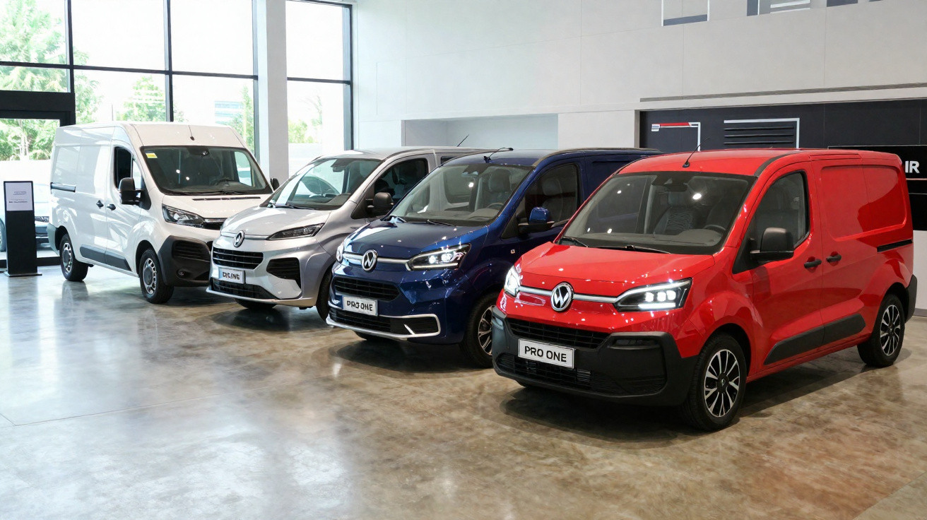 Exposição de quatro furgões Volkswagen novos em diferentes cores dentro de showroom espaçoso e luminoso.