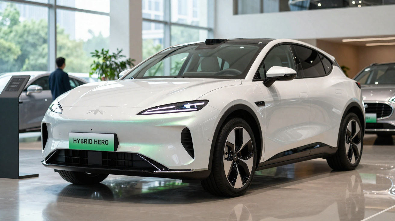 Carro branco elétrico modelo Hybrid Hero num salão automóvel moderno.