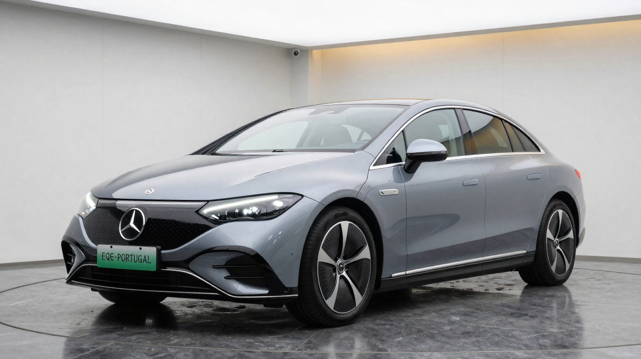 Carro Mercedes-Benz EQE cinza estacionado em sala branca, visto de frente e lado esquerdo.