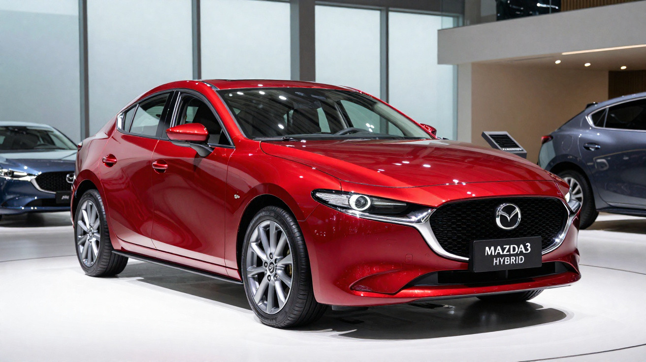 Carro Mazda3 híbrido vermelho exibido em salão automóvel com iluminação artificial.