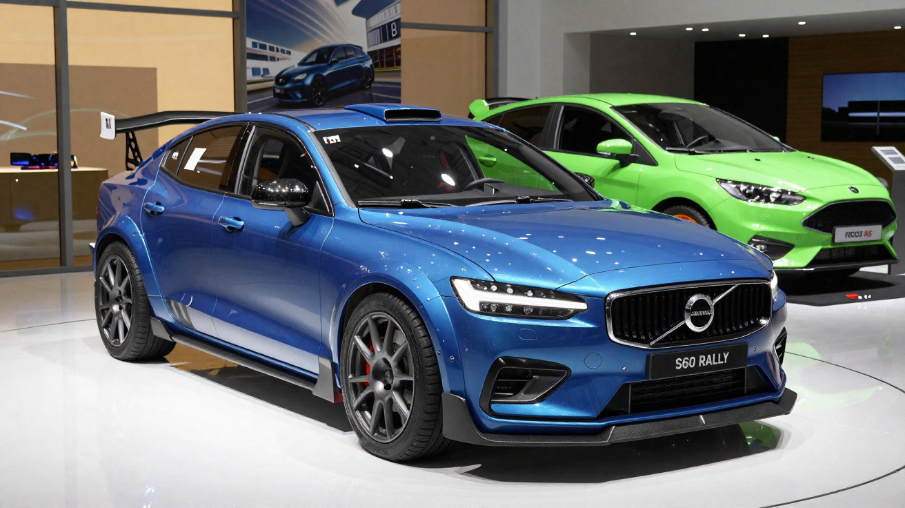 Carro desportivo azul Volvo S60 Rally exposto em salão, com carro verde ao fundo.
