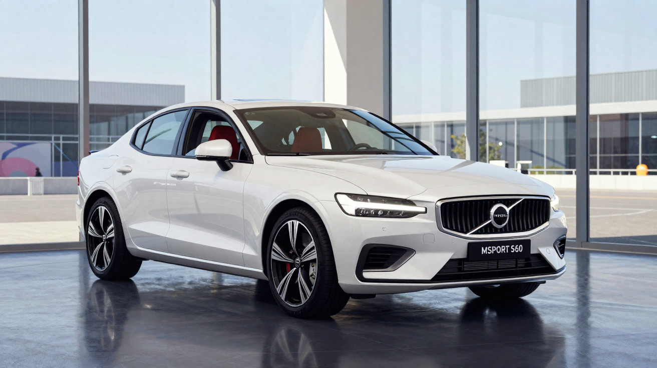 Carro desportivo Volvo S60 branco estacionado dentro de um edifício com grandes janelas.