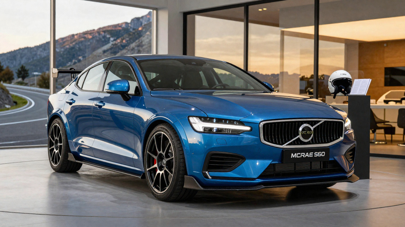 Carro desportivo azul Volvo McRae S60 estacionado num espaço interior moderno com janelas amplas.