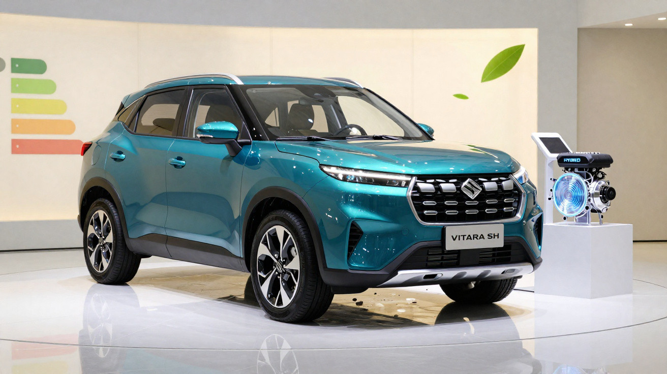 Automóvel SUV verde Suzuki Vitara SH exibido em plataforma branca com motor híbrido ao lado.