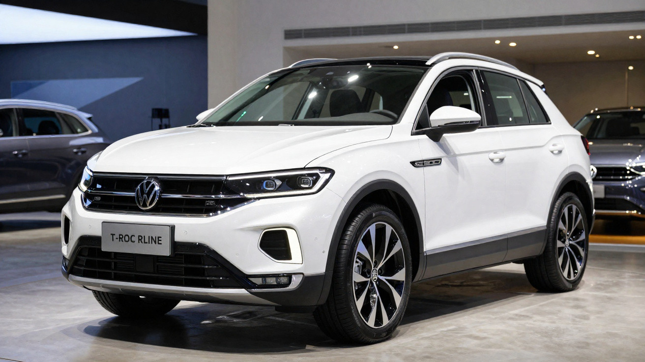 Volkswagen T-Roc R-Line branco estacionado em exposição interior com outros carros desfocados ao fundo.