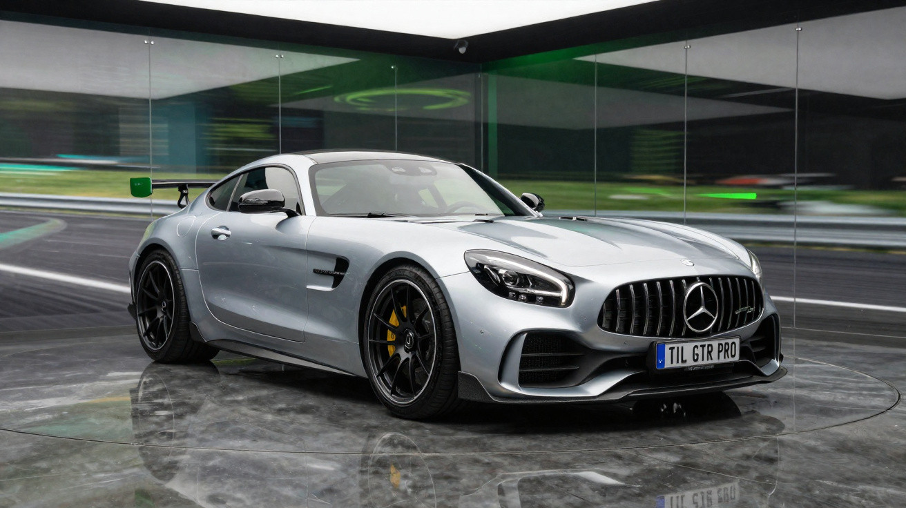 Carro desportivo cinza Mercedes-Benz GT R Pro em exposição num espaço moderno com paredes espelhadas.