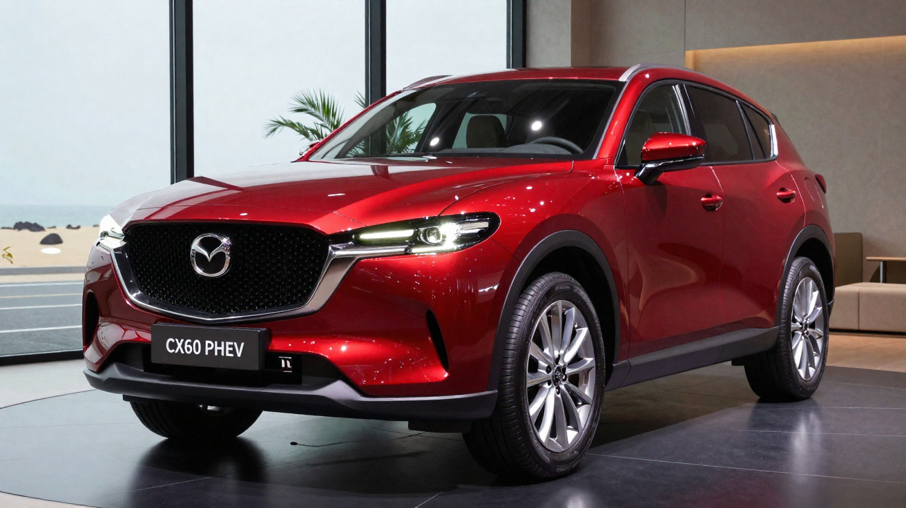 Veículo Mazda CX-60 PHEV vermelho exposto num interior moderno com janelas grandes.