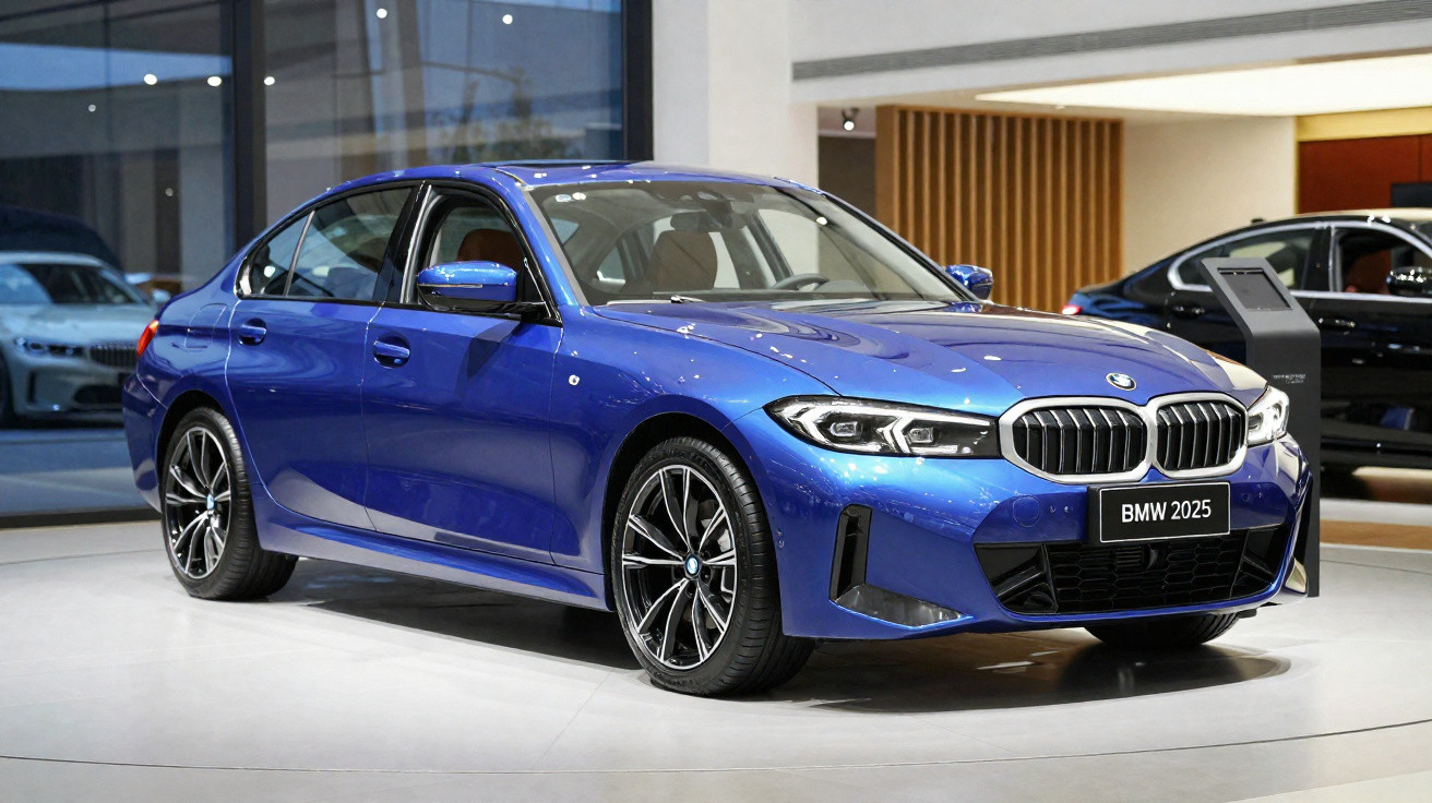 Carro BMW azul modelo 2025 exposto num salão moderno com iluminação interior brilhante.