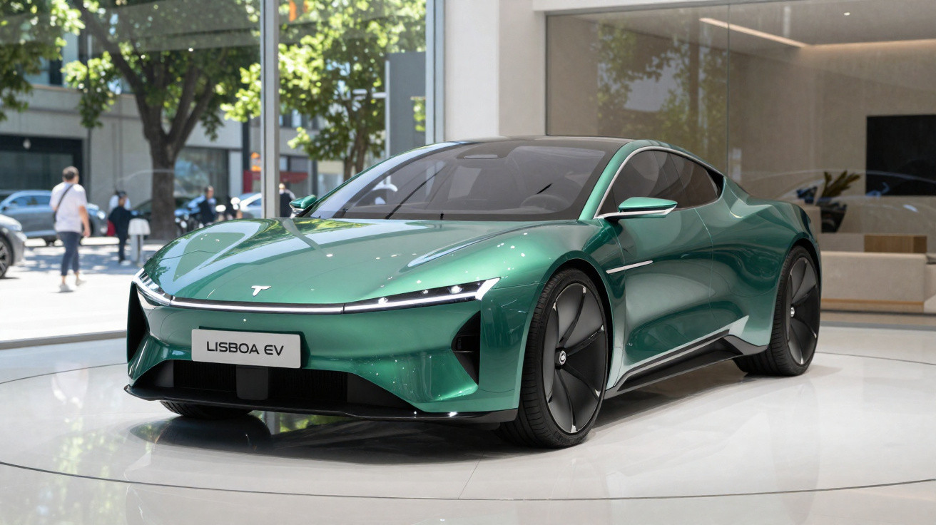 Carro elétrico desportivo verde metálico com linhas aerodinâmicas e placas "LISBOA EV" em exposição.