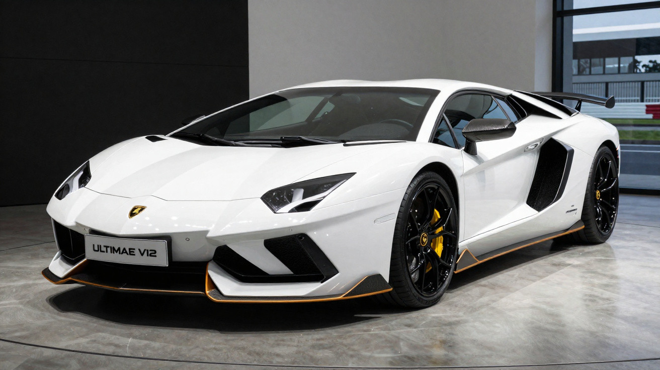 Carro desportivo Lamborghini branco com detalhes em preto e amarelo, estacionado numa garagem moderna.