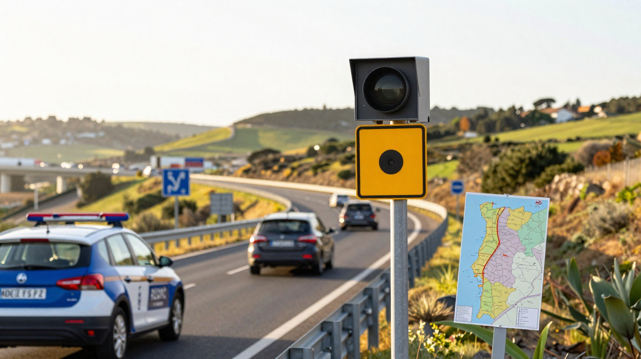 Radar de velocidade junto a autoestrada com carros e viatura da polícia no campo ao fundo.