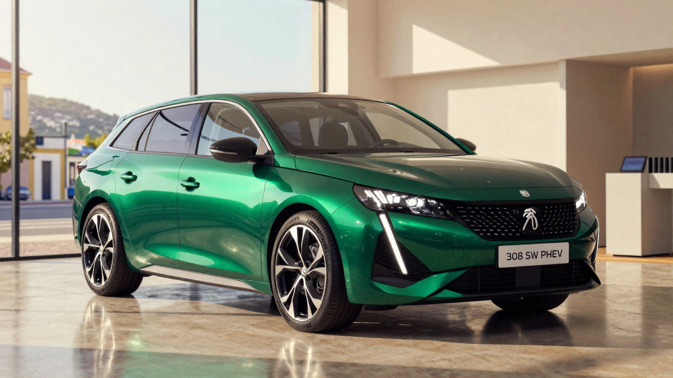 Peugeot 308 SW PHEV verde estacionado em interior moderno com janelas amplas e iluminação natural.