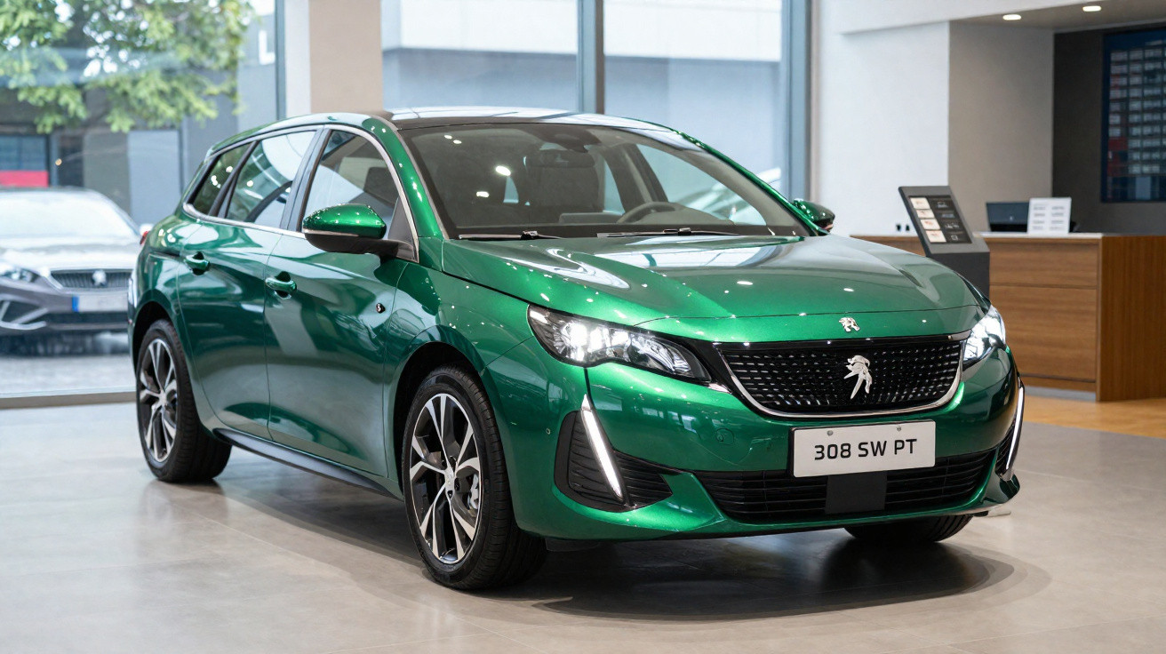 Peugeot 308 SW verde estacionado numa sala de exposição moderna com iluminação natural.