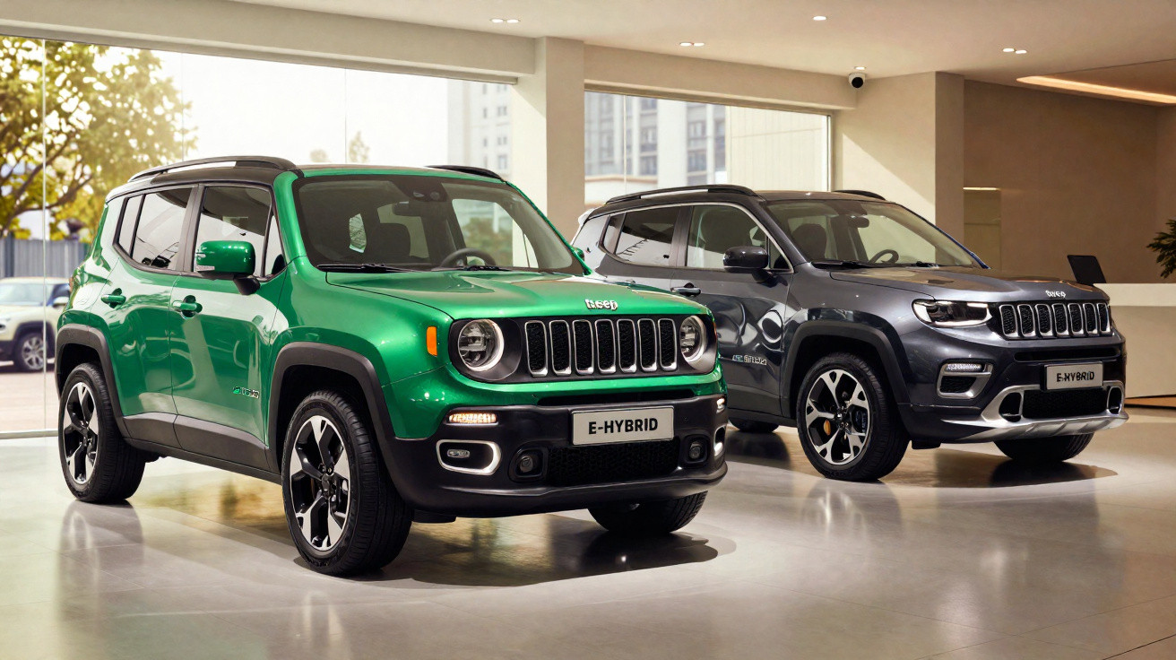 Dois carros Jeep E-Hybrid, um verde à frente e um cinza ao fundo, em exposição num espaço interior iluminado.