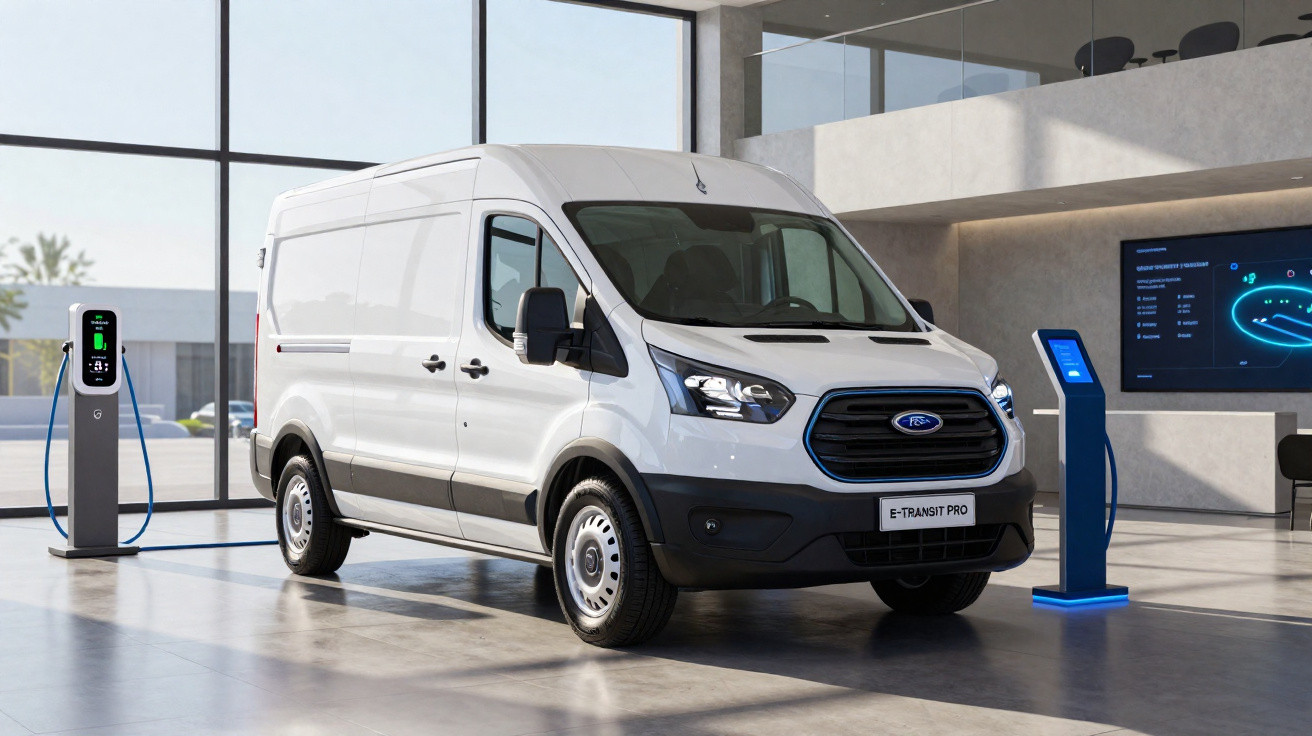 Carrinha elétrica branca Ford E-Transit Pro a carregar numa estação de carregamento interior moderna.