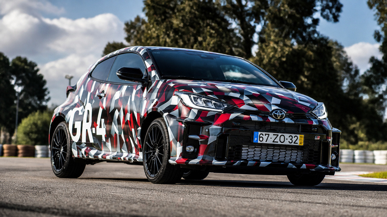 Carro desportivo Toyota Yaris GR com camuflagem geométrica colorida em pista de corrida sob céu parcialmente nublado.