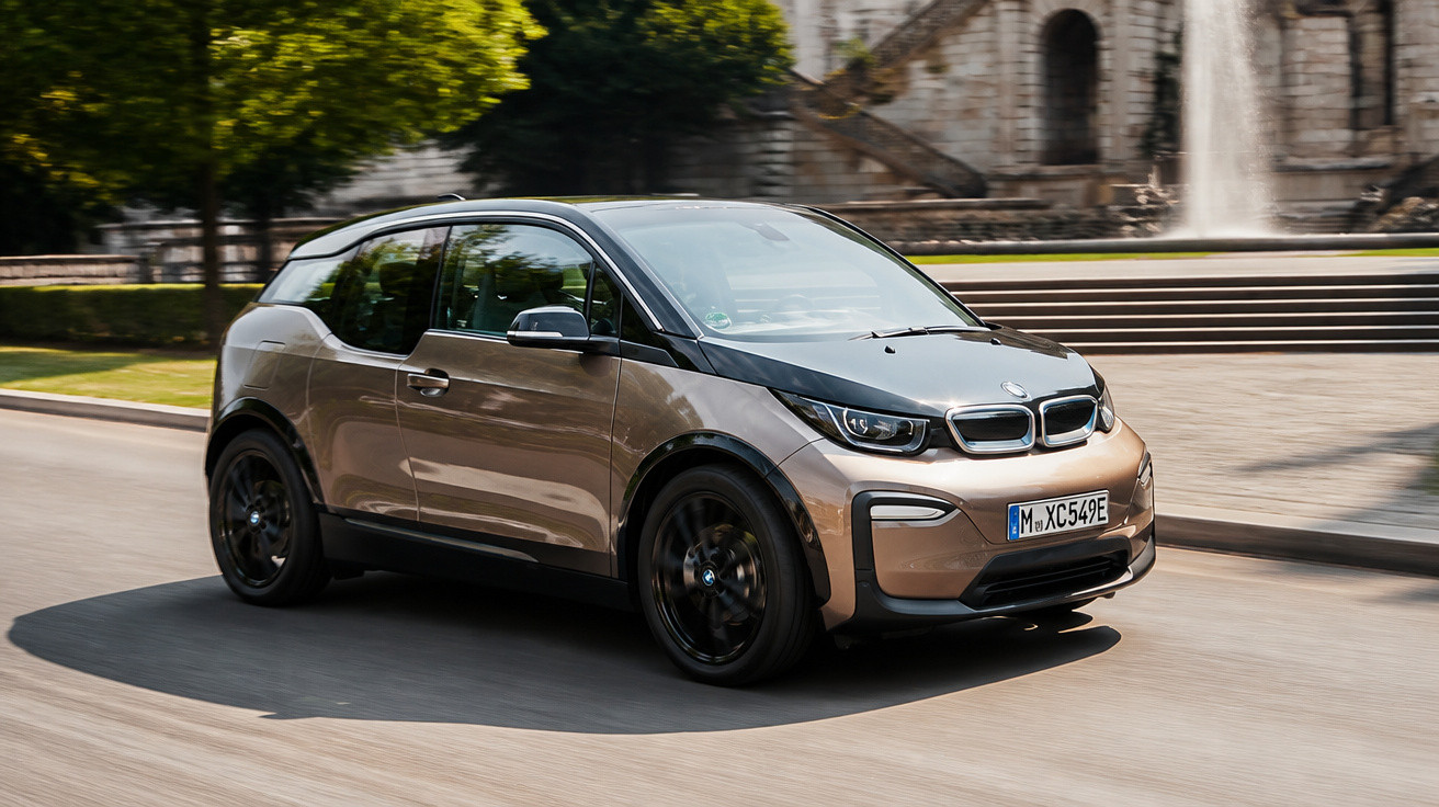 Carro elétrico BMW i3 de cor bronze em movimento numa estrada urbana com árvores e escadaria ao fundo.