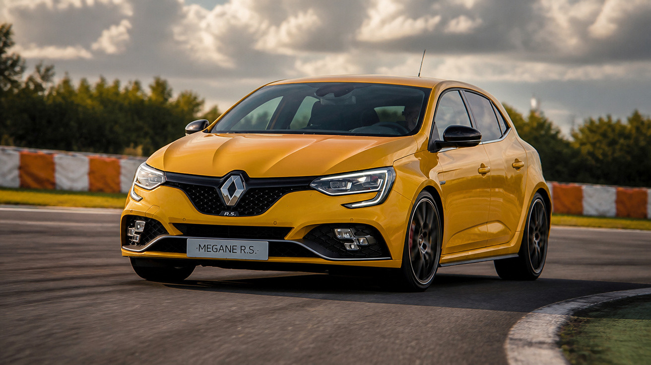Renault Megane R.S. amarelo a circular numa pista de corrida sob céu nublado.