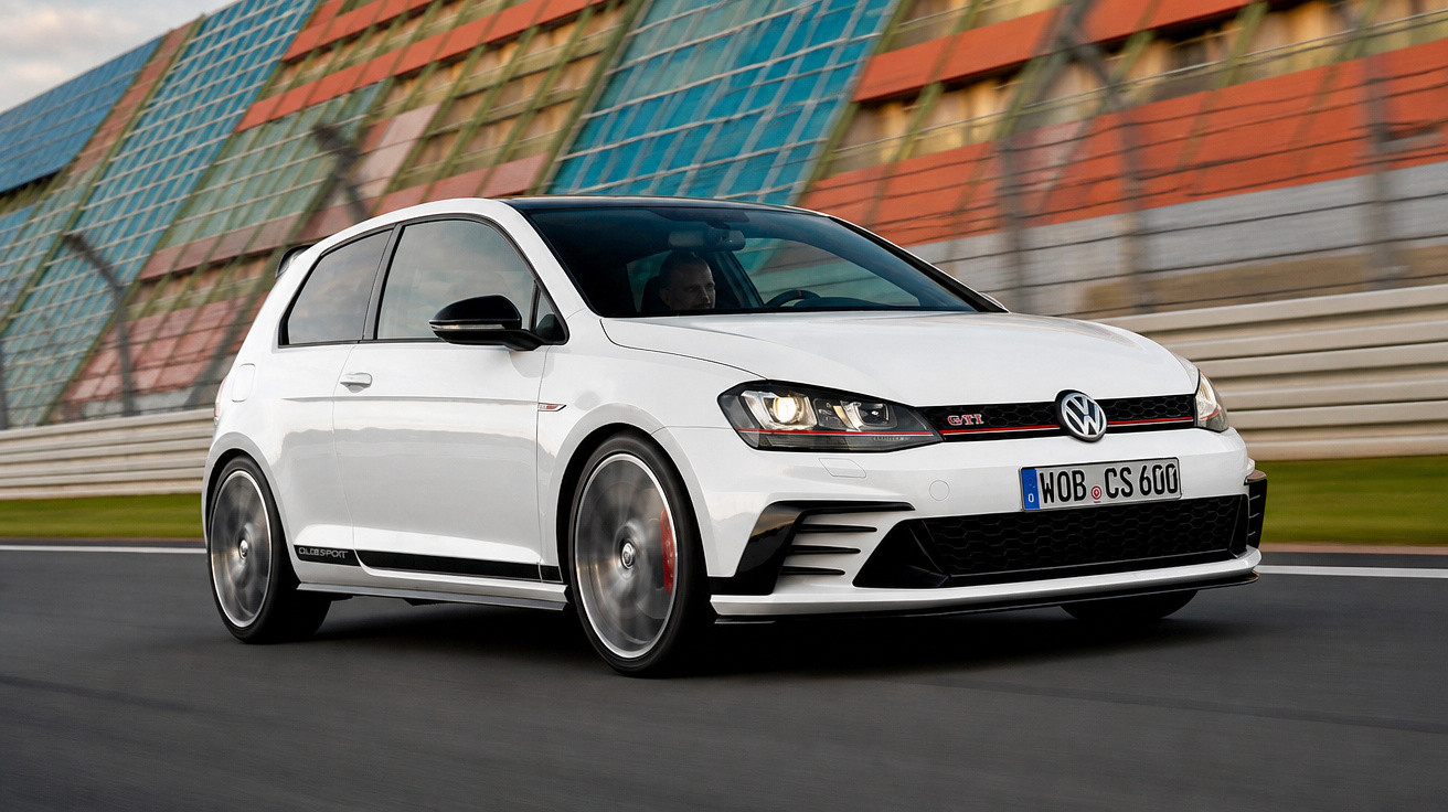 Carro branco Volkswagen Golf GTI em movimento numa pista de corrida com bancadas coloridas ao fundo.